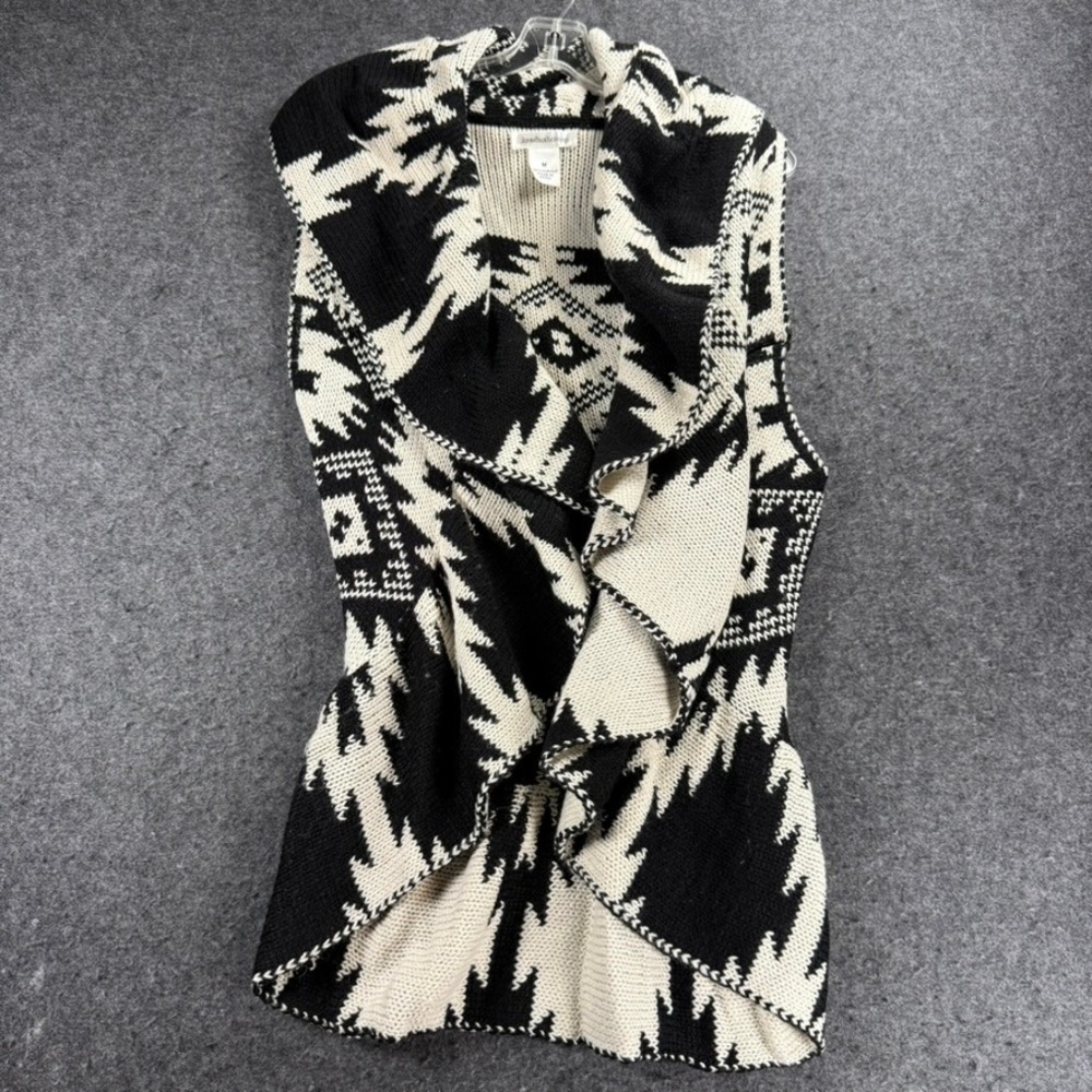 John Paul Richard Sweater Vest Open Front Sleeveless Black Cream Aztec M